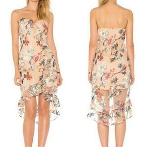 Devlin nude floral embroidered ruffle spaghetti strap midi dress XS
